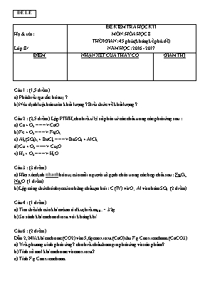 Đề kiểm tra học kì I môn Hóa học 8 năm học 2016 - 2017